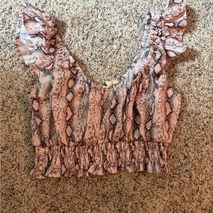 Snake Print Ruffle Sleeve Crop Top